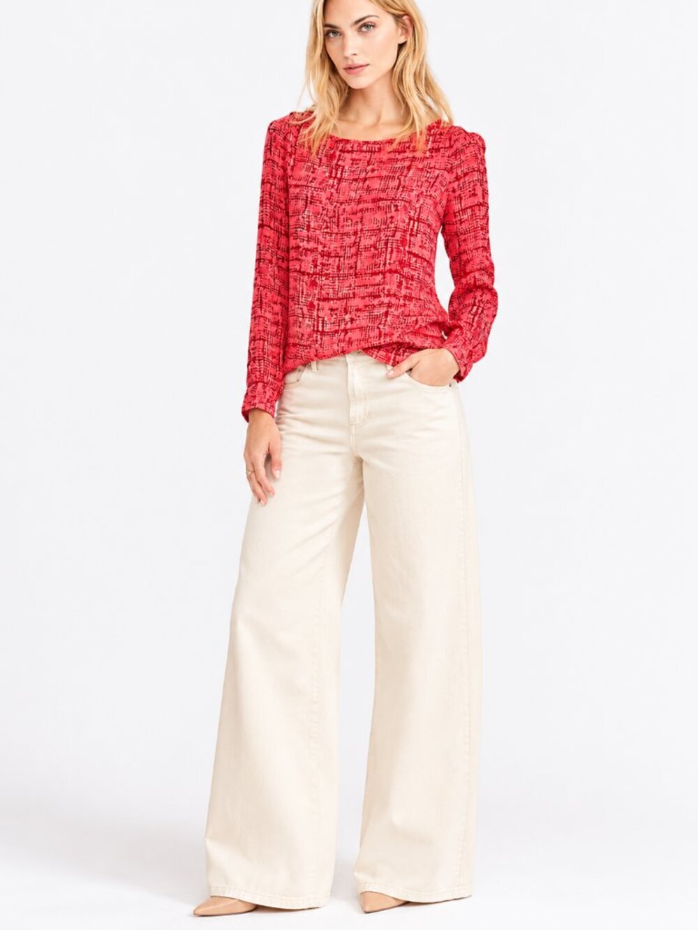 Banana Republic Top Aubrey Fold-Cuff Blouse Coral Print Classic Workwear Size XS